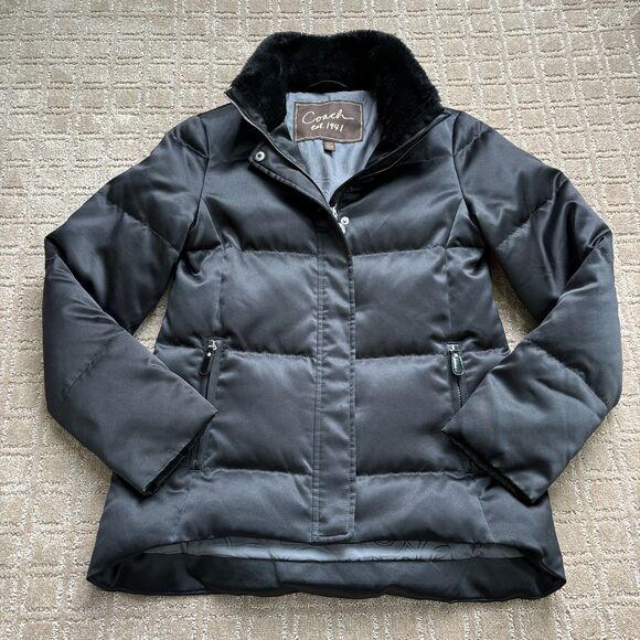 Coach Goose Down Feathers Puffer Coat Women's XS Black Faux Fur Jacket Signature - Picture 1 of 12